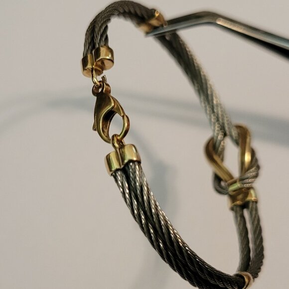 **SOLD** Vintage 14k Yellow Gold & Stainless Steel Cable Love Knot Bracelet - Picture 4 of 7